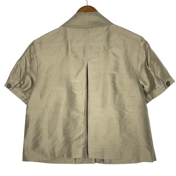 Magaschoni Collection | Taupe Brown Short Puff Sleeve Snap Button Cropped Jacket - Picture 2 of 9